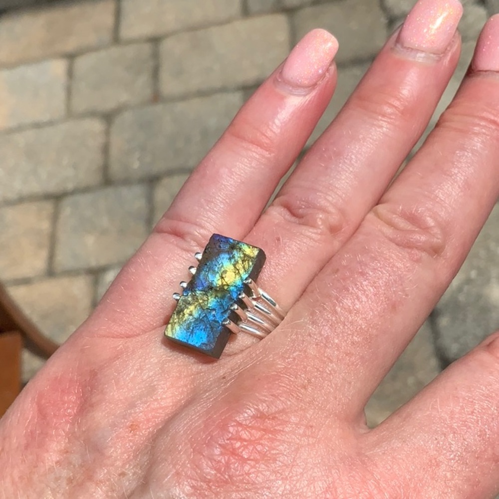 NATURAL LABRADORITE ROUGH 925 STERLING SILVER RING, SIZE 6.5 - Picture 6 of 9